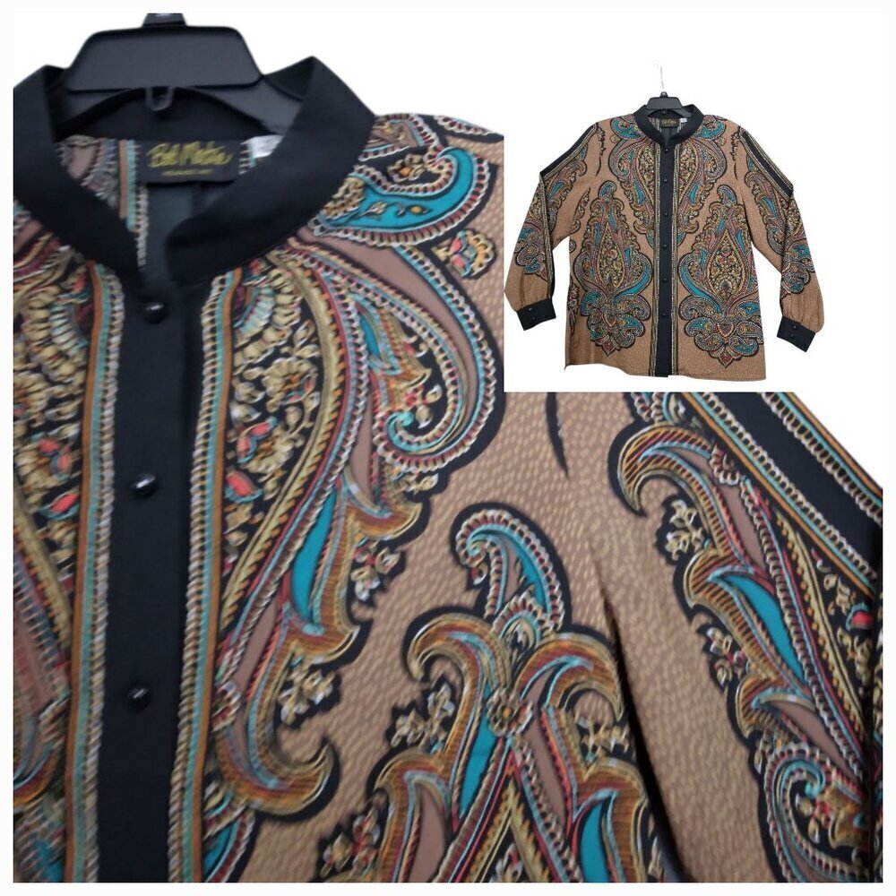 Bob Mackie | Paisley Print Button Front Shirt Brown Teal | Size XL